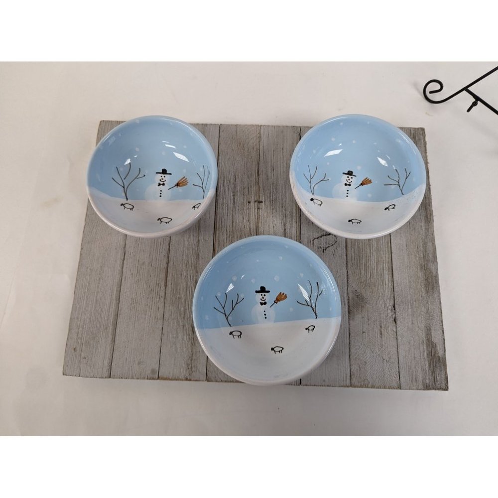 Grottaglie Ceramic Pottery Dinnerware Snowman Set of 3 Bowls Vintage 8" Blue
